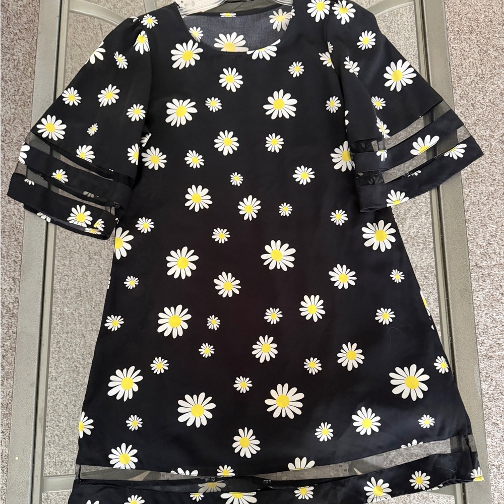 Women’s Navy Daisy Print Dress with Sheer Trim